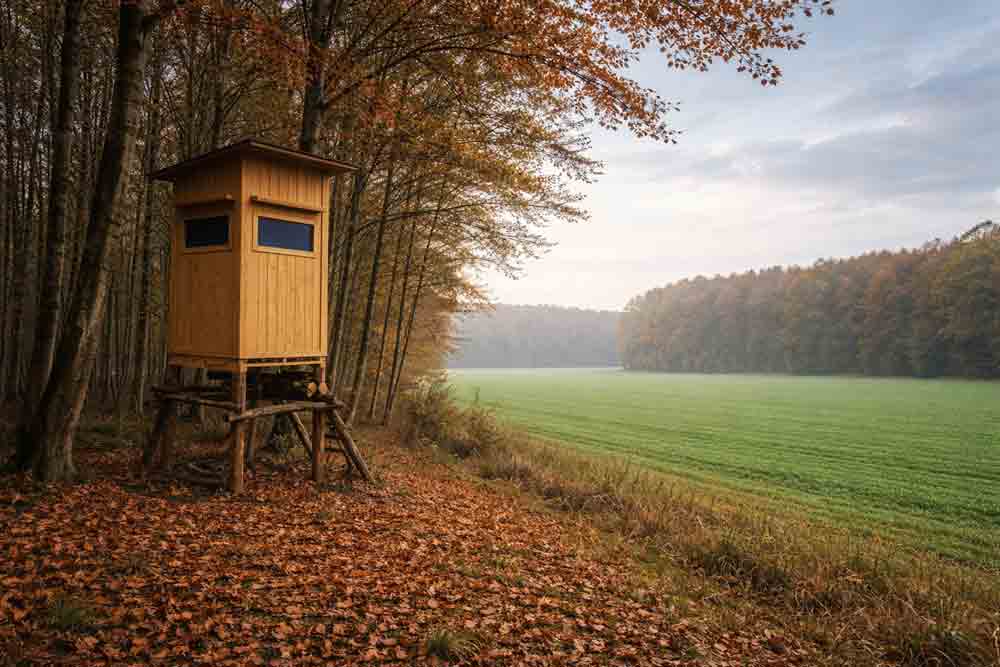 Jagtkanzel-am-Waldrand Holz-Jagdkanzel in einer weiten Landschaft bei Sonnenuntergang mit Feldern und Wald