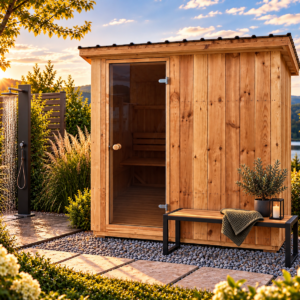 Gartensauna aus Kiefernholz mit Glastür in einer gestalteten Gartenumgebung