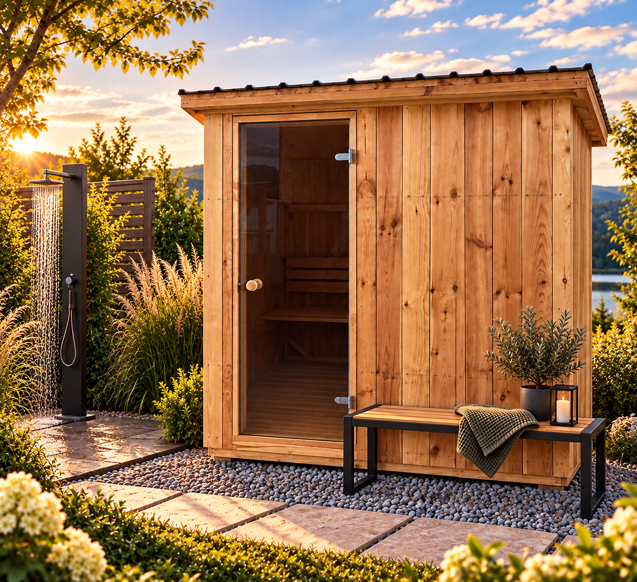 FC46910E-A4D8-4231-A8BB-410DB375014D Gartensauna aus Kiefernholz mit Glastür in einer gestalteten Gartenumgebung